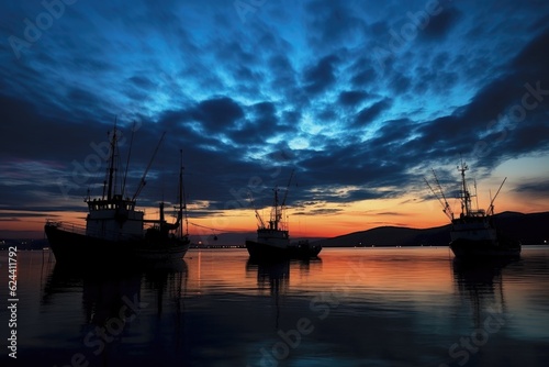 fishing trawlers silhouette framed by moonlit clouds at dusk, created with generative ai