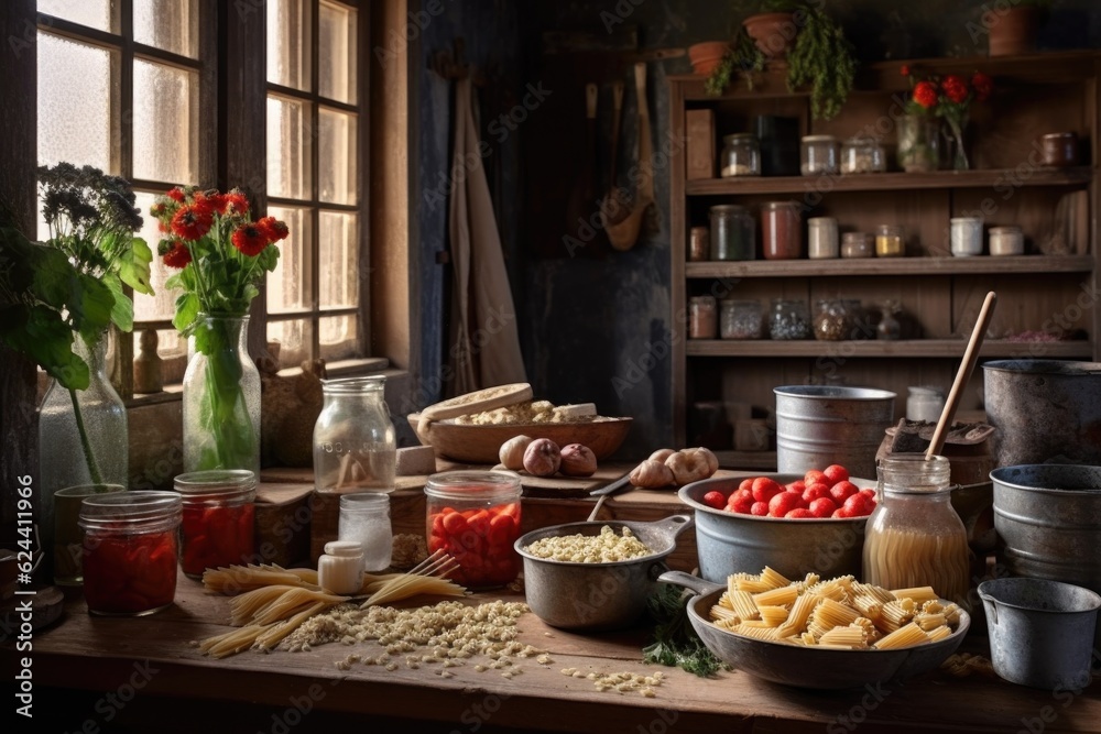 rustic kitchen setting with pasta-making ingredients, created with generative ai