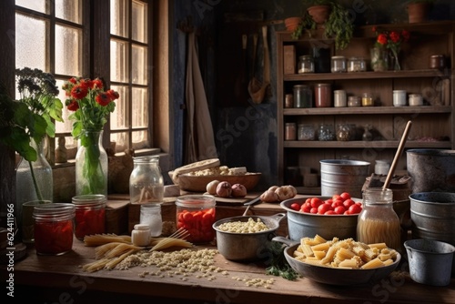 rustic kitchen setting with pasta-making ingredients, created with generative ai