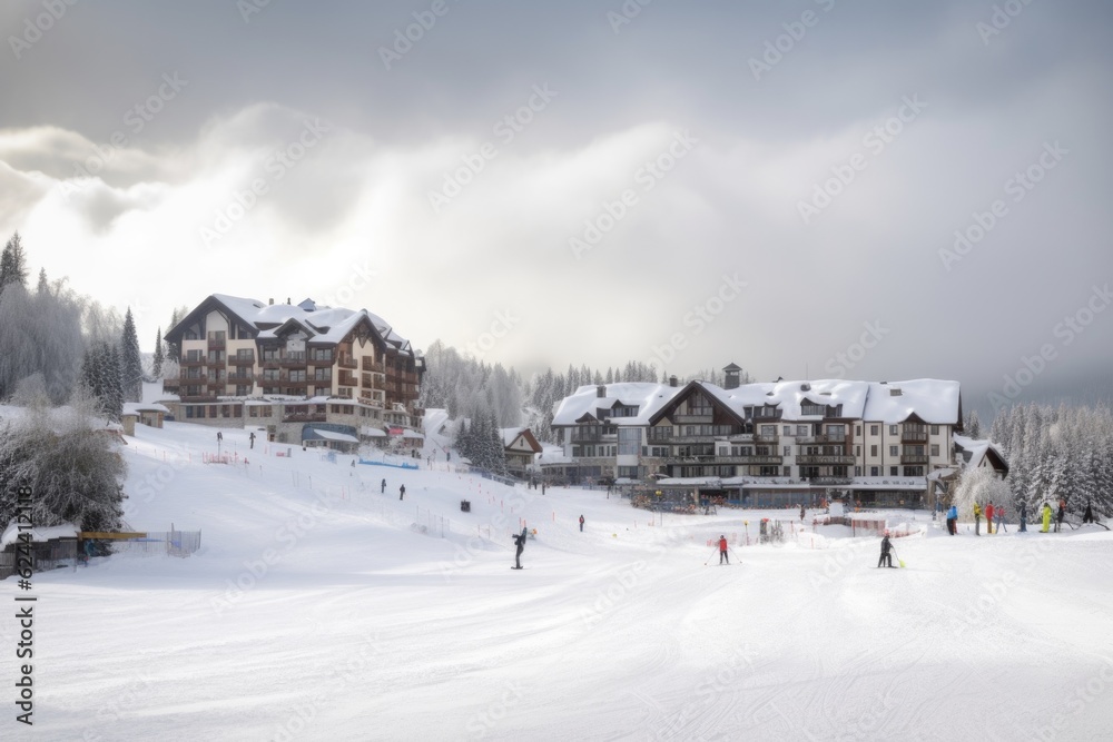 winter sports resort, with skiers and snowboarders enjoying the slopes, created with generative ai