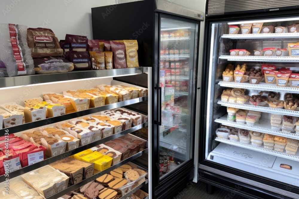 walk-in freezer filled with ice cream, frozen desserts, and other treats, created with generative ai