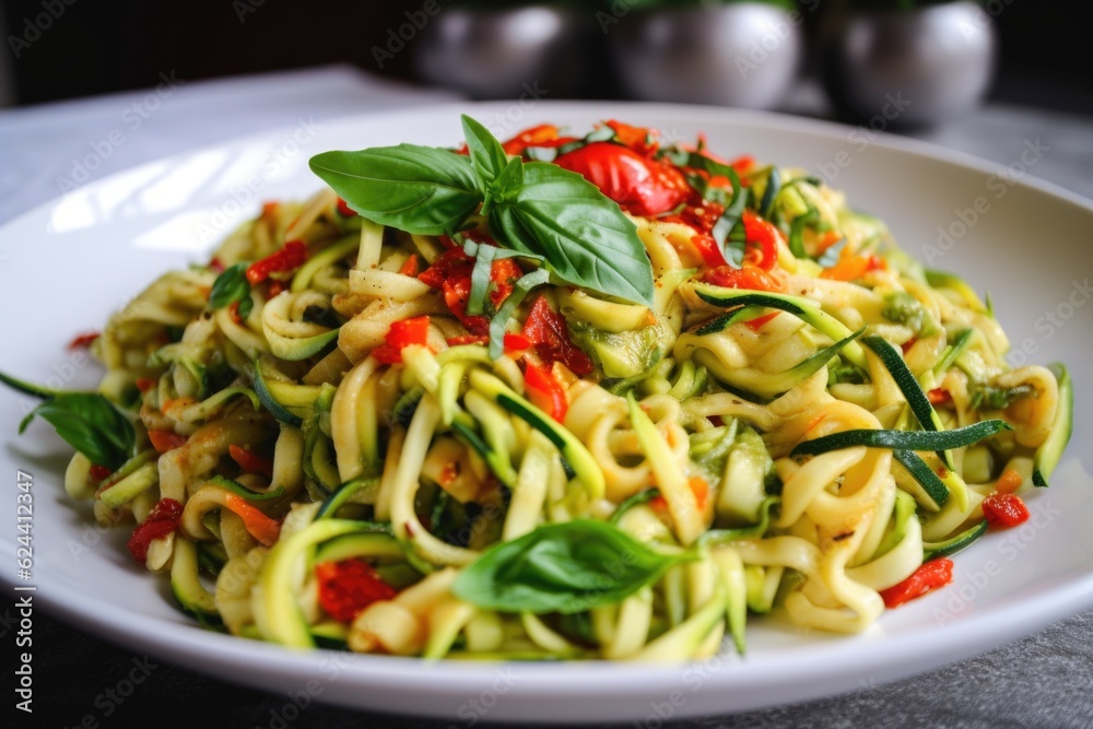 zucchini pasta with roasted red peppers and basil, created with generative ai