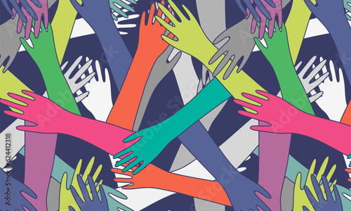 Seamless pattern of multicolored human hands on dark background; conceptual illustration background in orange, pink, yellow, green, blue and violet