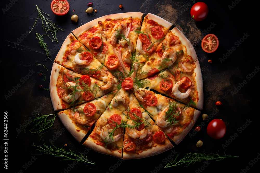 pizza with seafood, top view, dark background.ai generative