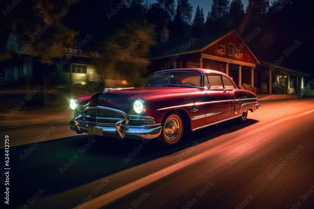 classic car under soft lighting, highlighting curves, created with generative ai