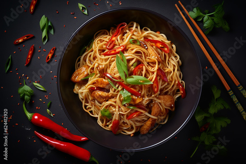 Stir fry noodles with chicken, red paprika, mushrooms, chives and sesame seeds in bowl. Asian food dish. White table background, top view.ai generative