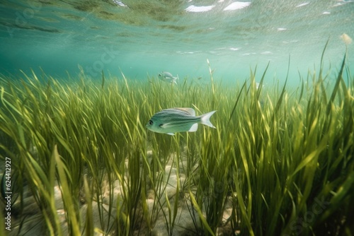 tropical fish swimming among swaying seagrass in marine environment, created with generative ai photo