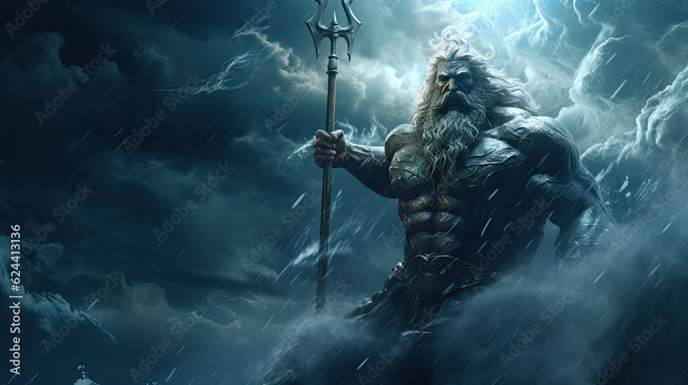 Fototapeta premium Illustration about Poseidon, the god of the seas - AI generated image.