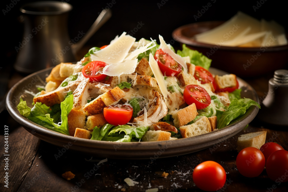 A delicious chicken caesar salad with parmesan cheese, tomatoes, croutons and dressing.ai generative A delicious chicken caesar salad with parmesan cheese, tomatoes, croutons and dressing.ai generative
