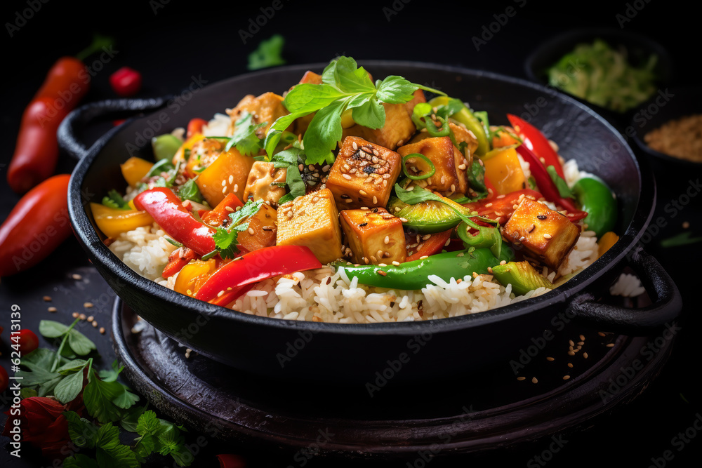Homemade Stir Fry Tofu with Vegetables and Rice in black bowl.ai generative Homemade Stir Fry Tofu with Vegetables and Rice in black bowl.ai generative