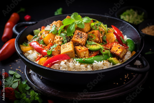 Homemade Stir Fry Tofu with Vegetables and Rice in black bowl.ai generative