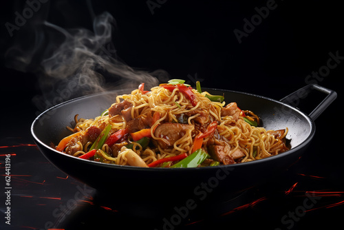 Stir fry chow mein noodles with pork and vegetable in black bowl. asian style food.ai generative