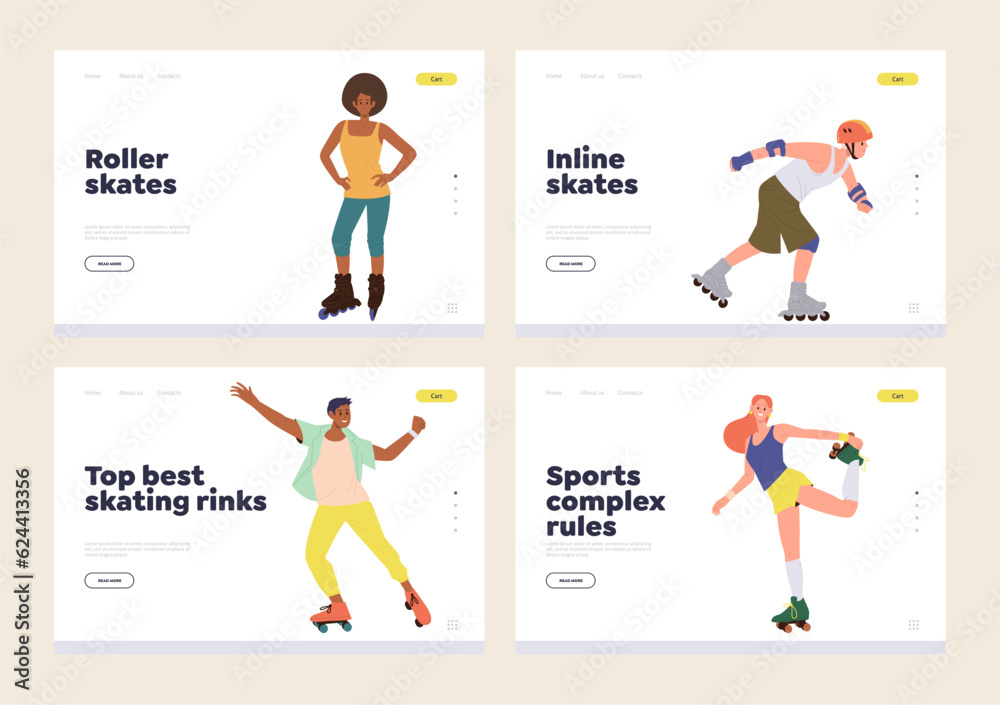 Isolated set landing page design template with happy people enjoying roller skating outdoors Isolated set landing page design template with happy people enjoying roller skating outdoors