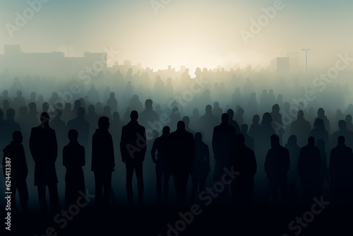 States of mind, psychology, people, media and politics concept. Abstract illustration of people and crowd manipulation. Dark man silhouette standing surrounded people silhouettes. Generative AI