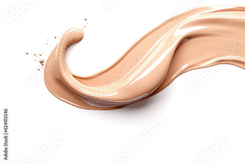 Splash of liquid beige foundation isolated on a white flat background. Beige liquid splash with drops, copy space. Generative AI 3d render illustration imitation.