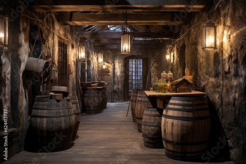 aged whiskey barrels in a cobblestone cellar with vintage lanterns, created with generative ai © Alfazet Chronicles