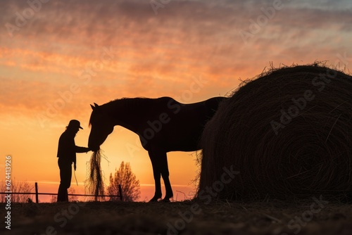 silhouette of a horse eating hay against a sunrise  created with generative ai