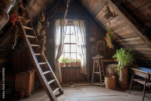 ladder leaning on attic entrance with rustic wooden beams visible  created with generative ai