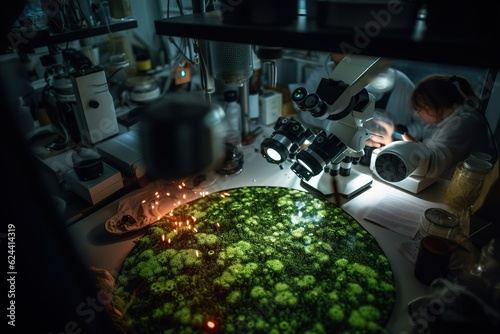 A bioengineered plant growing in a laboratory, with scientists in lab coats in the background