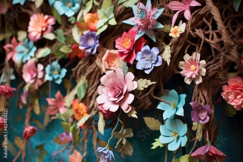 paper flower garland hanging from an enchanted tree branch  created with generative ai