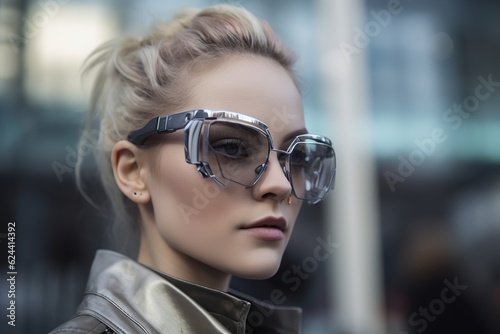 Womans portrait wearing augmented reality glasses. Future technology concept.