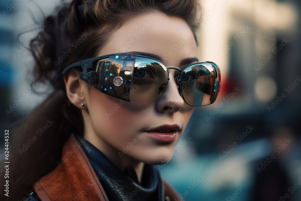 Womans portrait wearing augmented reality glasses. Future technology concept. Womans portrait wearing augmented reality glasses. Future technology concept.