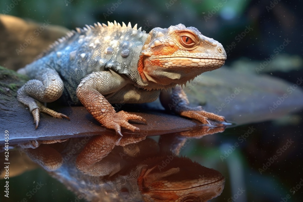 lizard shedding skin near a water source, reflection visible, created with generative ai
