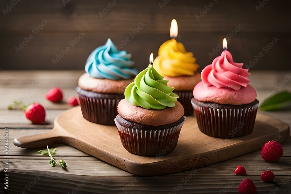 chocolate cupcakes with rainbow colored toppings and candle - Generative AI