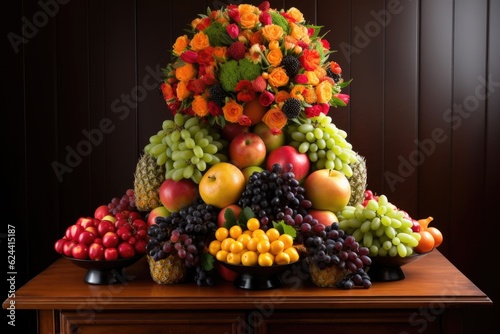 towering fruit arrangement  featuring ripe and juicy fruits in various colors  created with generative ai