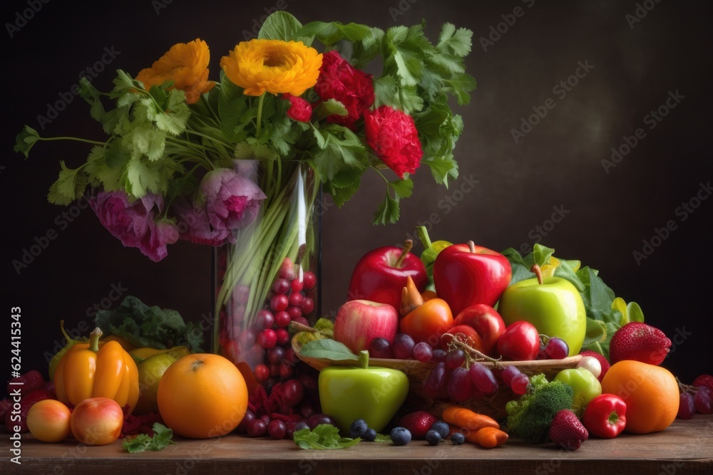 colorful mix of fruits and vegetables in a modern vase, created with generative ai colorful mix of fruits and vegetables in a modern vase, created with generative ai