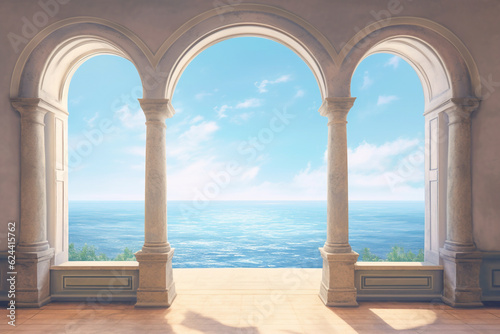 Window overlooking ocean or sea panoramic view, in the style of soft, romantic landscapes, nostalgic mood, muted blue and white colors. Renaissance style. Generative AI