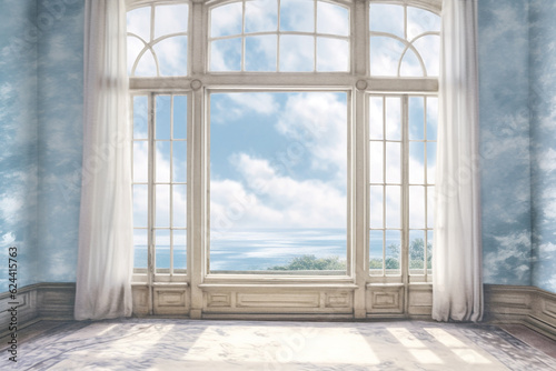 Window overlooking ocean or sea panoramic view, in the style of soft, romantic landscapes, nostalgic mood, muted blue and white colors. Renaissance style. Generative AI © Rytis
