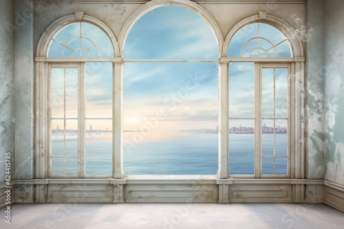 Window overlooking ocean or sea panoramic view  in the style of soft  romantic landscapes  nostalgic mood  muted blue and white colors. Renaissance style. Generative AI
