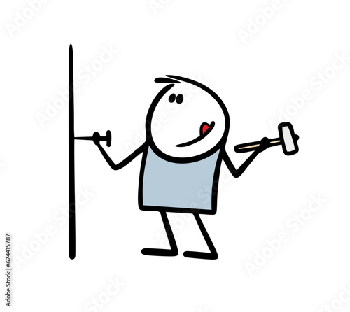 Diligent stickman makes repairs, builds, hammers a nail. Vector illustration of a master or apprentice carpenter or joiner.