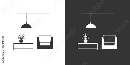 Living room furniture icon. Furniture in black and white colors. Vector interior icon.