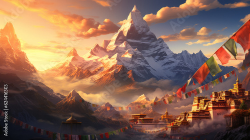 Everest and Tibetan temples.