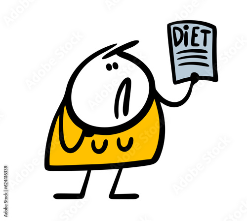 Disgruntled fat woman keeps a list of foods and a plan for a diet. Vector illustration of the problem of losing weight in a girl.