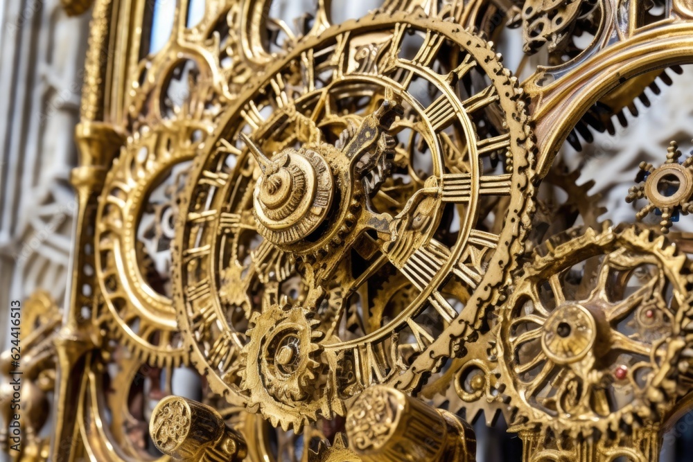 close-up view of intricate clock gears and cogs, created with generative ai
