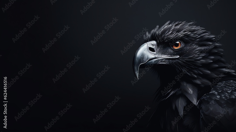 Head of black bird with dark background, copy space for text and illustration for product presentation and template design. Head of black bird with dark background, copy space for text and illustration for product presentation and template design.