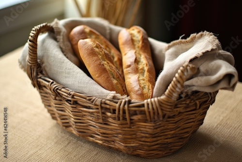 baguettes in a burlap-lined wire basket, created with generative ai