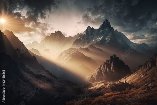 majestic mountain range shrouded in fog, with the sun shining through, created with generative ai © Alfazet Chronicles