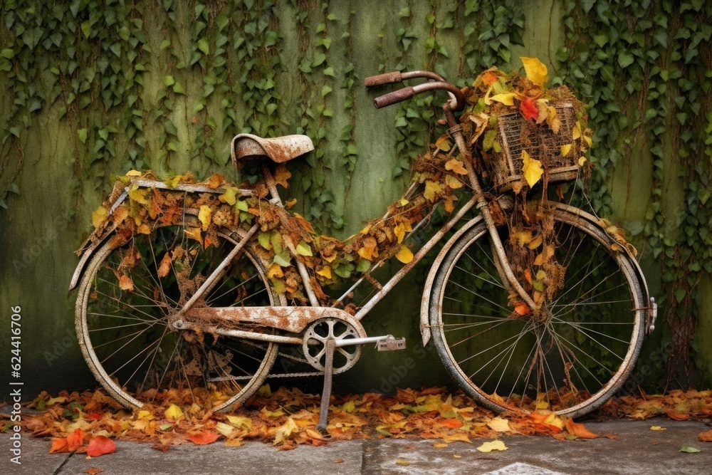 vintage bicycle covered in ivy and autumn leaves, created with generative ai