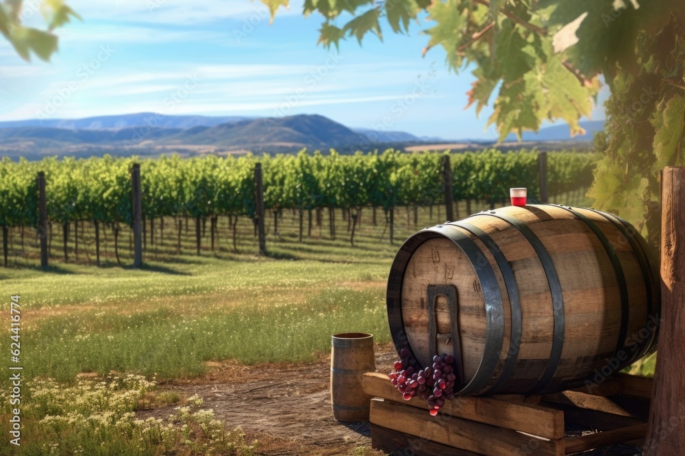 old barrel on grass with wine vineyard background, created with generative ai old barrel on grass with wine vineyard background, created with generative ai