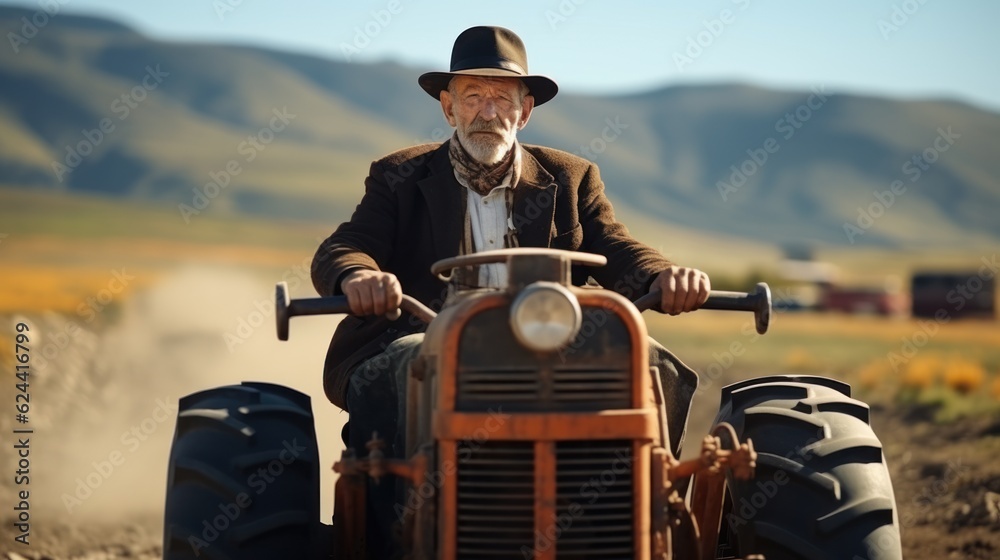 Obraz premium The old man was very well dressed. Driving a tractor on the road alone
