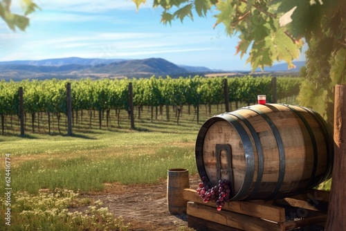 old barrel on grass with wine vineyard background, created with generative ai