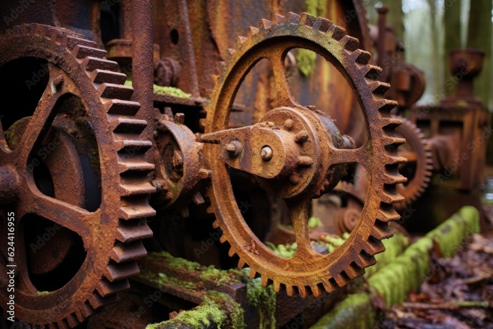 rusty gears on vintage farm machinery, created with generative ai
