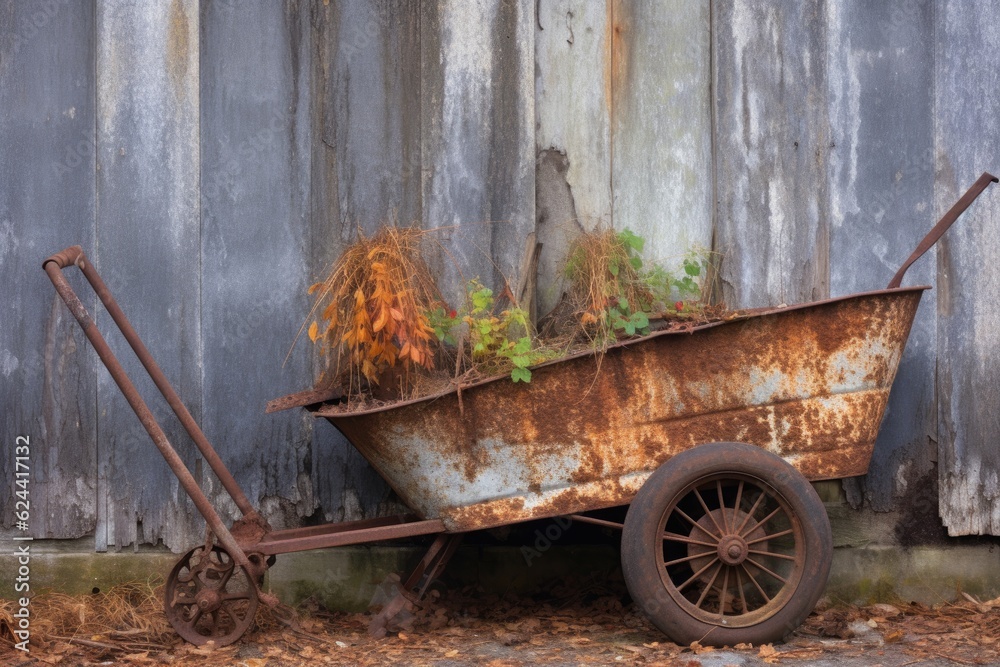 rusty wheelbarrow leaning against a weathered barn wall, created with generative ai rusty wheelbarrow leaning against a weathered barn wall, created with generative ai