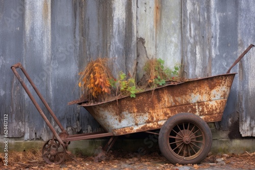 Fototapeta rusty wheelbarrow leaning against a weathered barn wall, created with generative