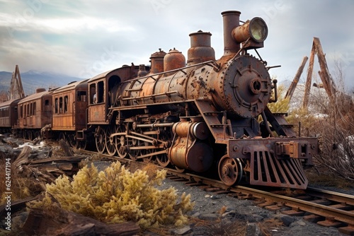 vintage steam locomotive with rusted metal and decay, created with generative ai