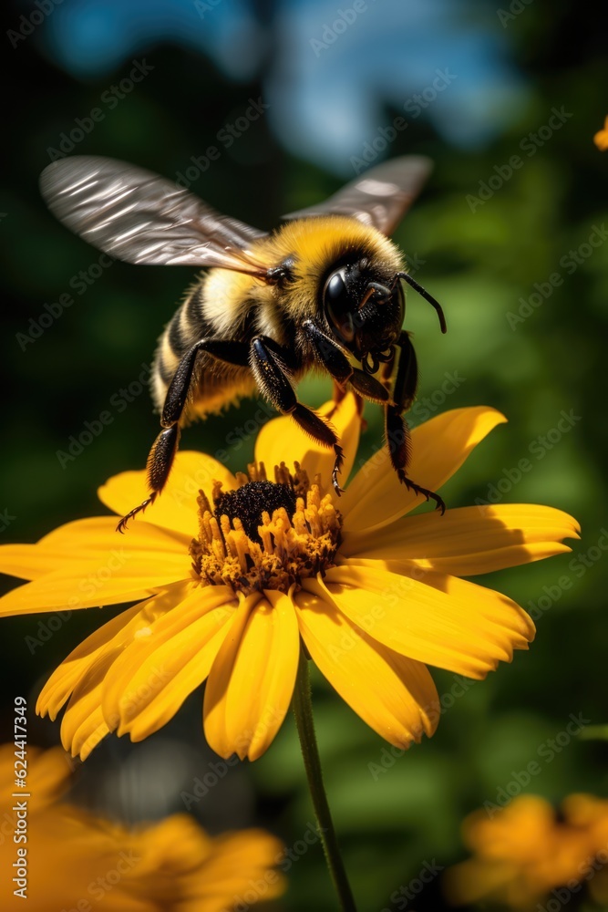 Close up of bee hovering over yellow flower in sun, created using generative ai technology Close up of bee hovering over yellow flower in sun, created using generative ai technology